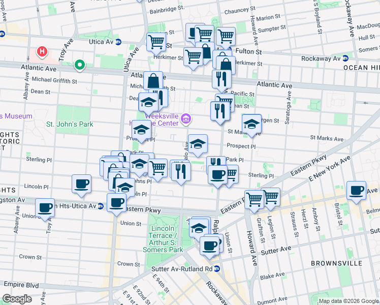 map of restaurants, bars, coffee shops, grocery stores, and more near 1568 Prospect Place in Brooklyn