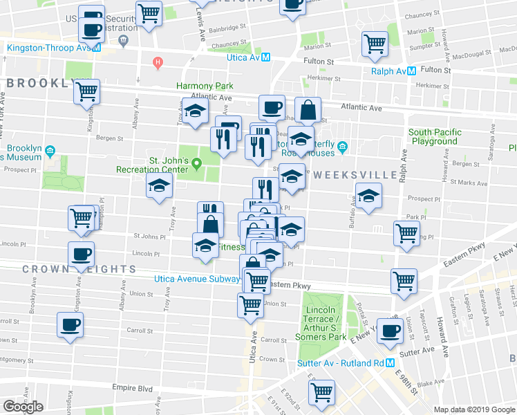 map of restaurants, bars, coffee shops, grocery stores, and more near 187 Utica Avenue in Brooklyn