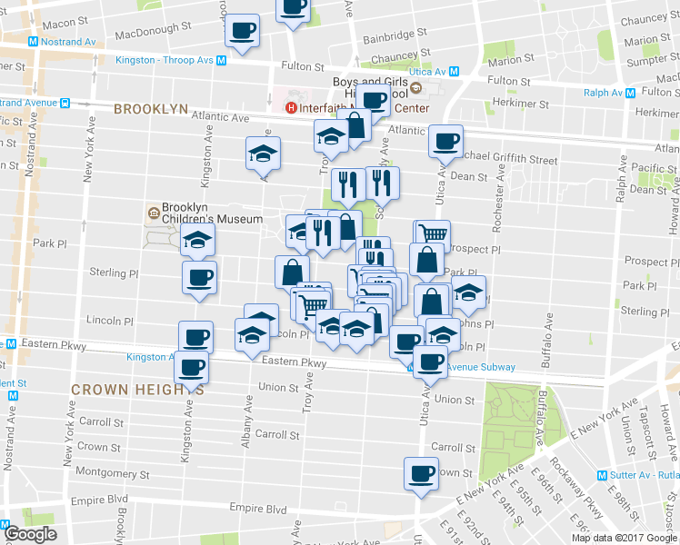 map of restaurants, bars, coffee shops, grocery stores, and more near 1272 Park Place in Brooklyn