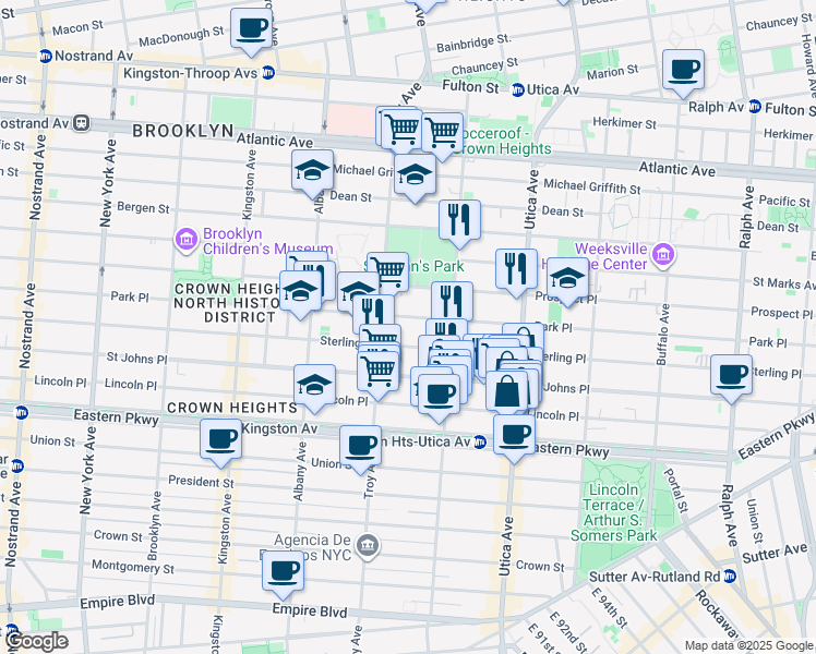 map of restaurants, bars, coffee shops, grocery stores, and more near 1282 Park Place in Brooklyn