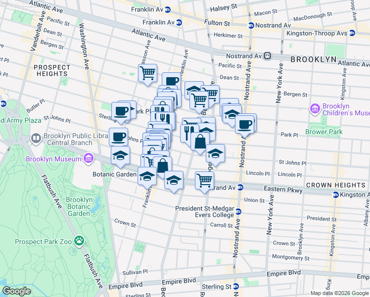 map of restaurants, bars, coffee shops, grocery stores, and more near 665 Saint Johns Place in Brooklyn
