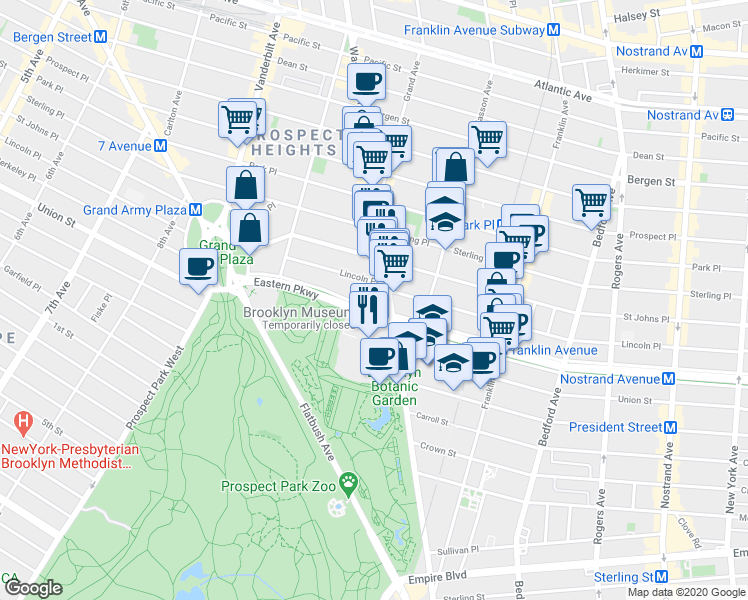 map of restaurants, bars, coffee shops, grocery stores, and more near 188 Eastern Parkway in Brooklyn