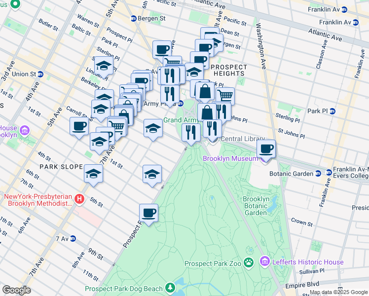 map of restaurants, bars, coffee shops, grocery stores, and more near 1 Prospect Park West in Brooklyn