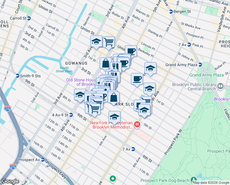 map of restaurants, bars, coffee shops, grocery stores, and more near 341 5th Avenue in Brooklyn
