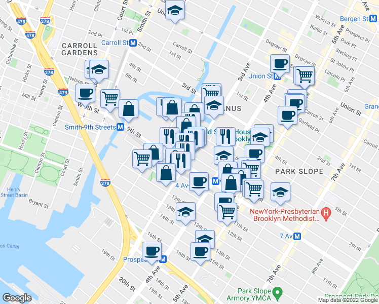 map of restaurants, bars, coffee shops, grocery stores, and more near 440 3rd Avenue in Brooklyn