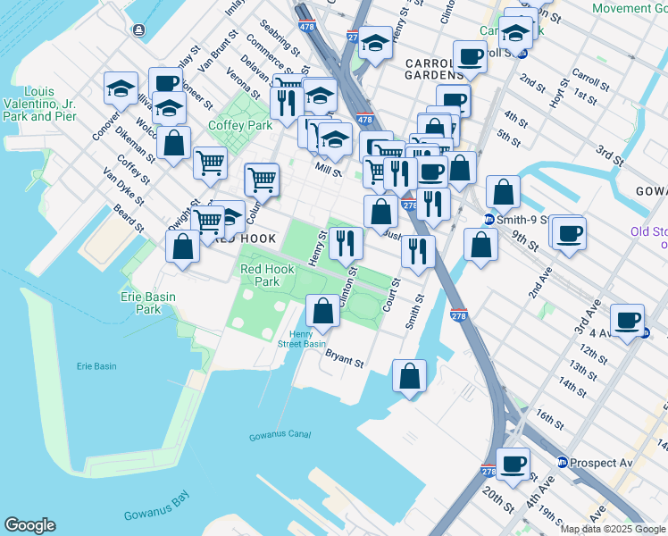 map of restaurants, bars, coffee shops, grocery stores, and more near 155 Bay Street in Brooklyn