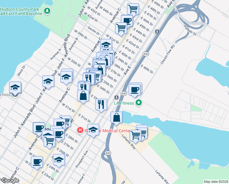 map of restaurants, bars, coffee shops, grocery stores, and more near 556 Avenue E in Bayonne