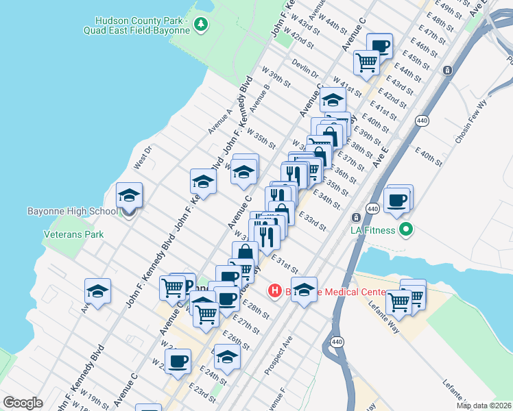 map of restaurants, bars, coffee shops, grocery stores, and more near 44 West 33rd Street in Bayonne