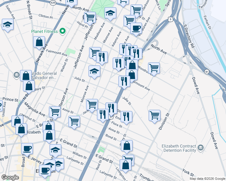 map of restaurants, bars, coffee shops, grocery stores, and more near 1021 Julia Street in Elizabeth