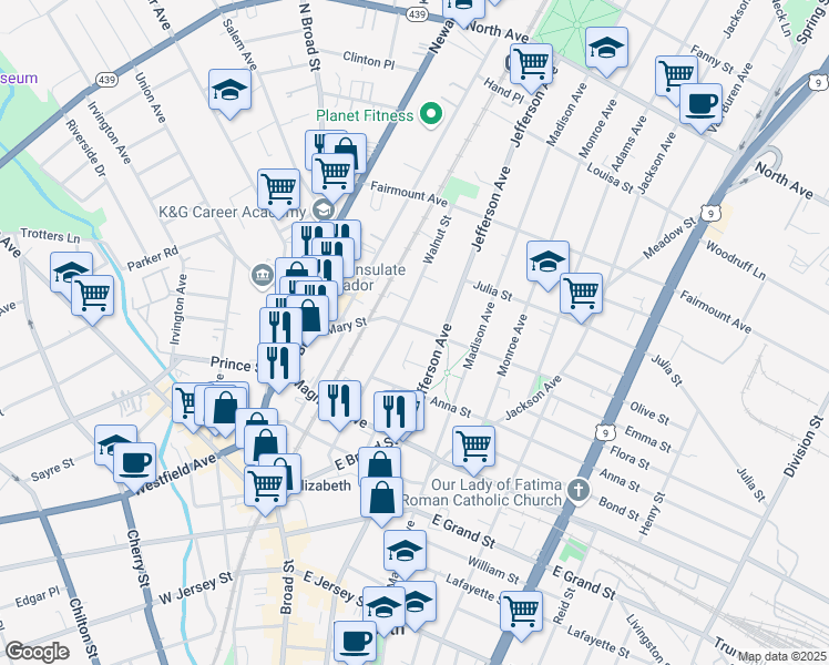 map of restaurants, bars, coffee shops, grocery stores, and more near 1147 Mary Street in Elizabeth