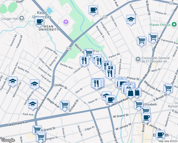 map of restaurants, bars, coffee shops, grocery stores, and more near 515 Cherry Street in Elizabeth