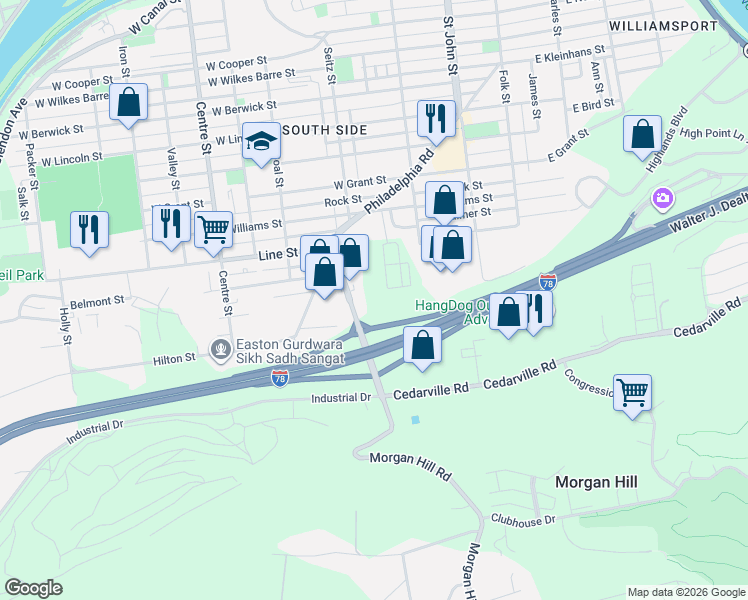 map of restaurants, bars, coffee shops, grocery stores, and more near 155 Morgan Hill Road in Northampton County
