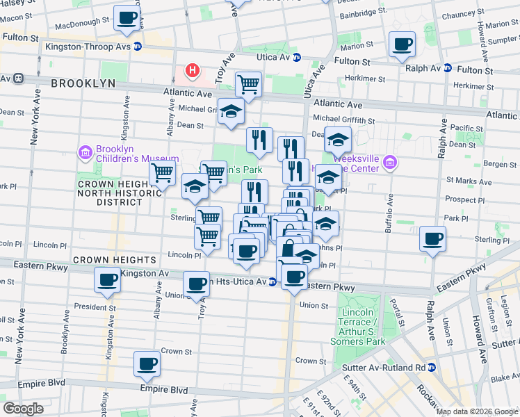 map of restaurants, bars, coffee shops, grocery stores, and more near 1328 Park Place in Brooklyn