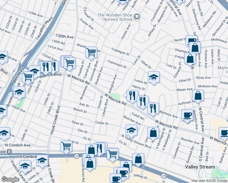 map of restaurants, bars, coffee shops, grocery stores, and more near 39 Lyon Street in Valley Stream