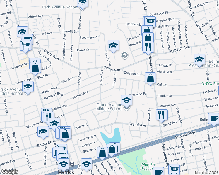 map of restaurants, bars, coffee shops, grocery stores, and more near 219 Woodbine Avenue in Merrick