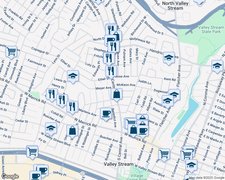 map of restaurants, bars, coffee shops, grocery stores, and more near 30 Meyer Avenue in Valley Stream