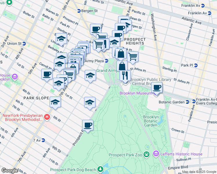 map of restaurants, bars, coffee shops, grocery stores, and more near 1 Prospect Park West in Brooklyn