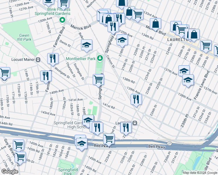 map of restaurants, bars, coffee shops, grocery stores, and more near 218-33 140th Avenue in Queens