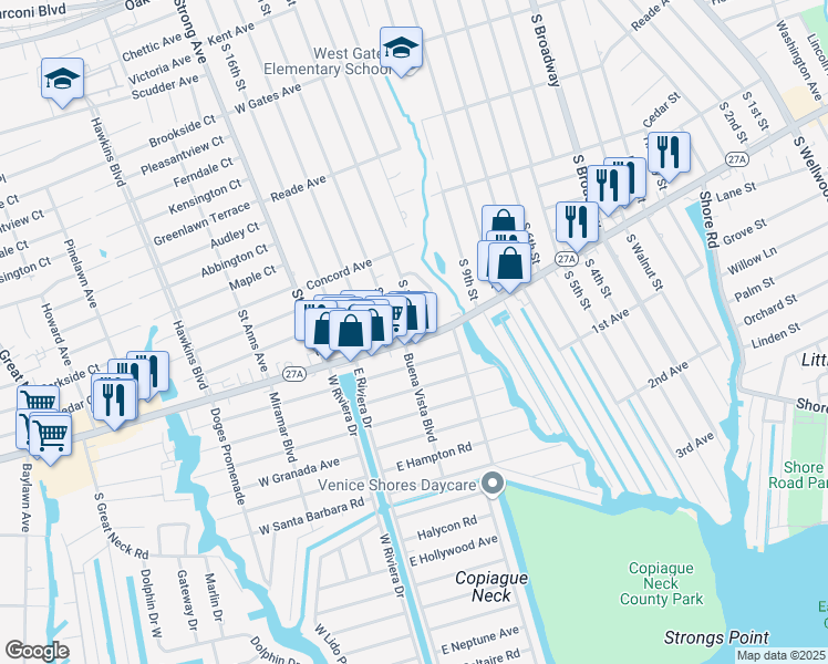 map of restaurants, bars, coffee shops, grocery stores, and more near 594 West Montauk Highway in Lindenhurst
