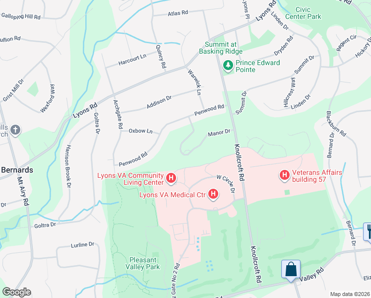 map of restaurants, bars, coffee shops, grocery stores, and more near 59 Manor Drive in Basking Ridge