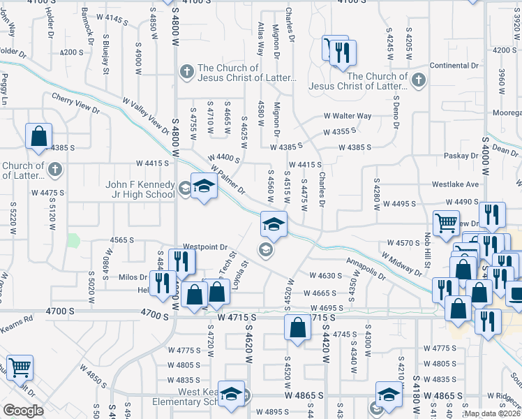 map of restaurants, bars, coffee shops, grocery stores, and more near 4581 West Palmer Drive in West Valley City