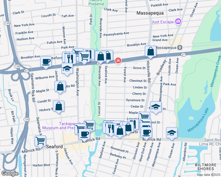 map of restaurants, bars, coffee shops, grocery stores, and more near 8 Linden Street in Massapequa