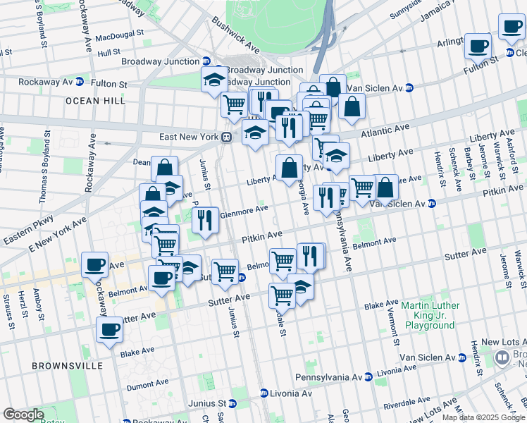 map of restaurants, bars, coffee shops, grocery stores, and more near 270 Glenmore Avenue in Brooklyn