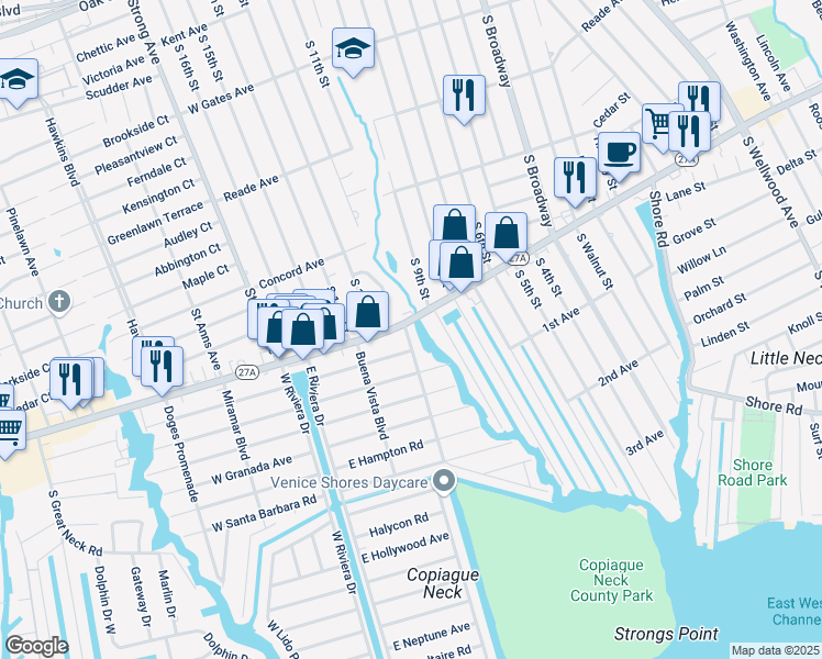map of restaurants, bars, coffee shops, grocery stores, and more near 565 West Montauk Highway in Lindenhurst