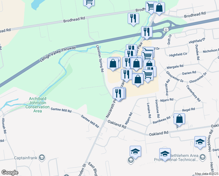 map of restaurants, bars, coffee shops, grocery stores, and more near 3748 Christian Spring Road in Bethlehem