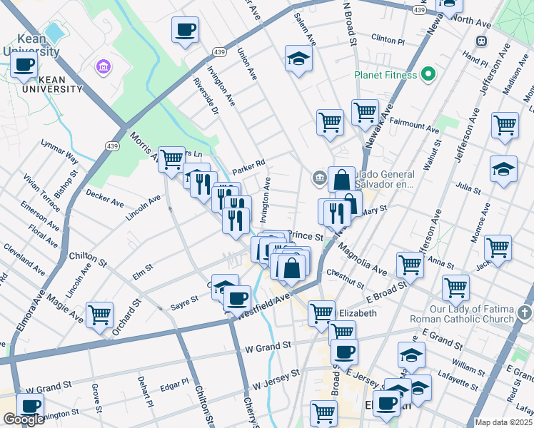 map of restaurants, bars, coffee shops, grocery stores, and more near 24 Oakwood Place in Elizabeth