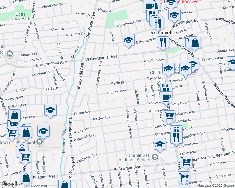 map of restaurants, bars, coffee shops, grocery stores, and more near 175 Putnam Avenue in Freeport