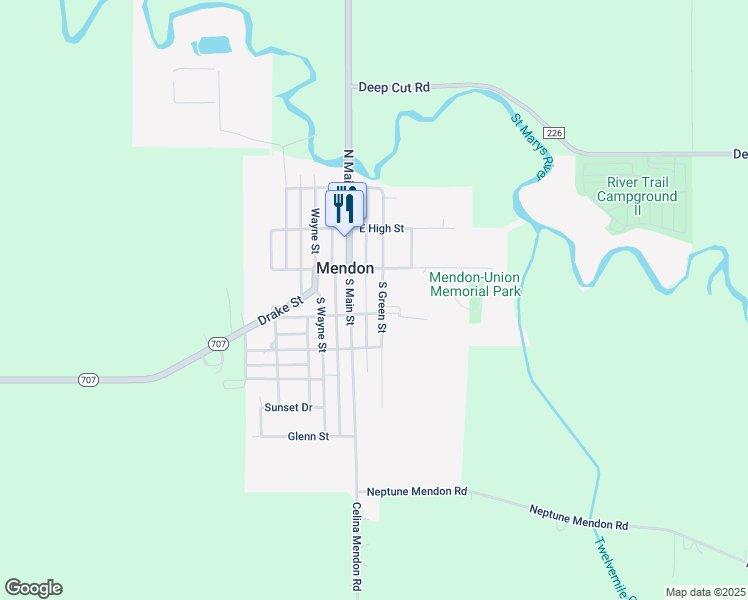 map of restaurants, bars, coffee shops, grocery stores, and more near 116 S Green St in Mendon