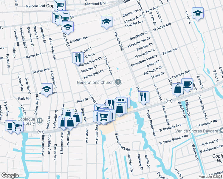 map of restaurants, bars, coffee shops, grocery stores, and more near 84A Abbington Court in Copiague