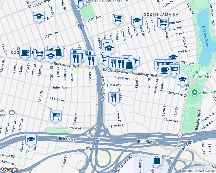 map of restaurants, bars, coffee shops, grocery stores, and more near 128-02 140th Street in Queens