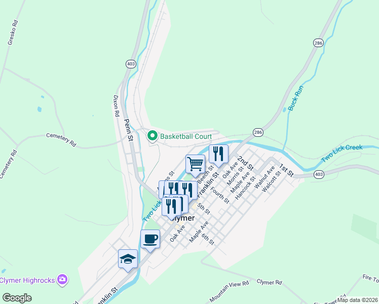 map of restaurants, bars, coffee shops, grocery stores, and more near 341 Adams Street in Clymer