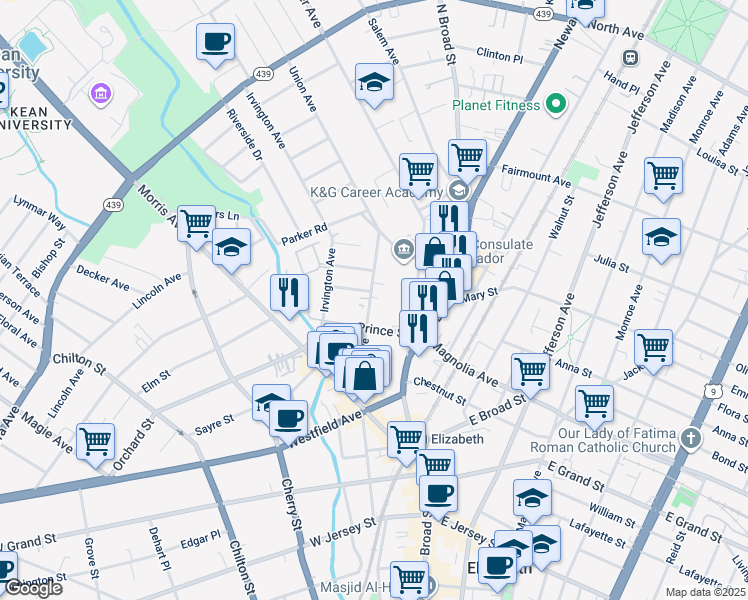 map of restaurants, bars, coffee shops, grocery stores, and more near 425 Union Avenue in Elizabeth
