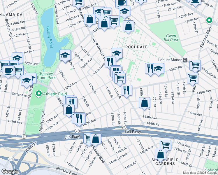 map of restaurants, bars, coffee shops, grocery stores, and more near 159-18 134th Avenue in Queens