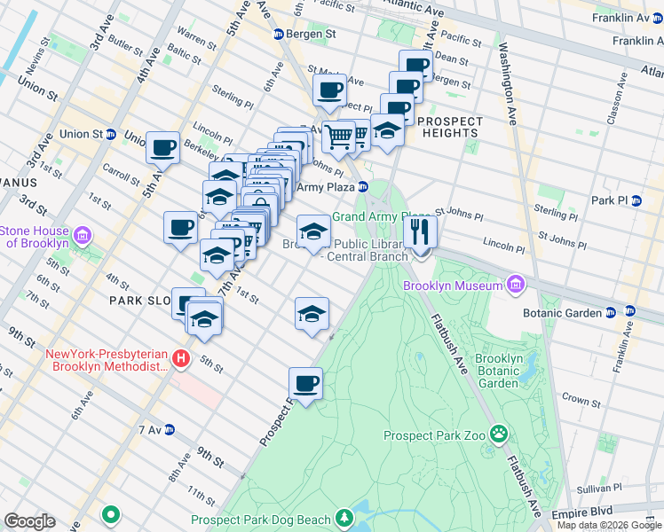 map of restaurants, bars, coffee shops, grocery stores, and more near 914 President Street in Brooklyn