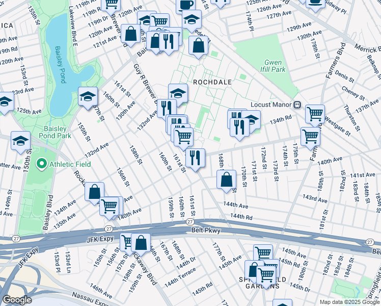 map of restaurants, bars, coffee shops, grocery stores, and more near 134-43 Guy R Brewer Boulevard in Queens
