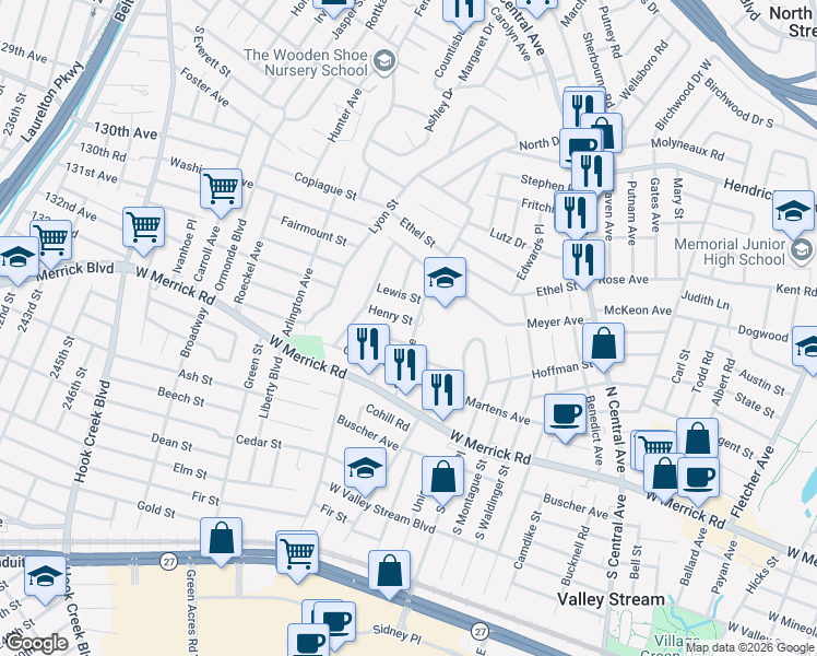 map of restaurants, bars, coffee shops, grocery stores, and more near 105 Henry Street in Valley Stream