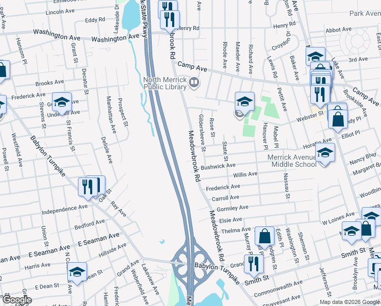 map of restaurants, bars, coffee shops, grocery stores, and more near 1816 Meadowbrook Road in Merrick