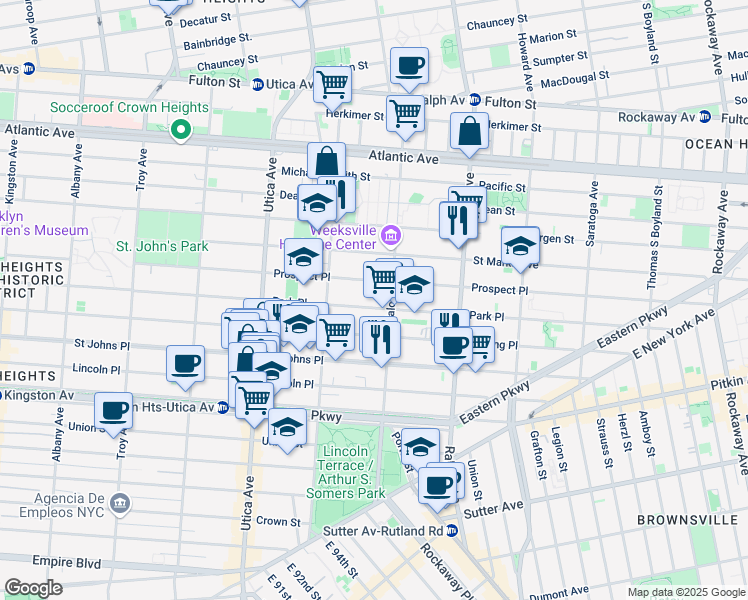 map of restaurants, bars, coffee shops, grocery stores, and more near 1551 Park Place in Brooklyn