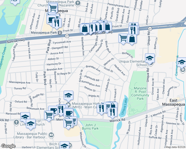 map of restaurants, bars, coffee shops, grocery stores, and more near 21 Cottage Drive in Massapequa