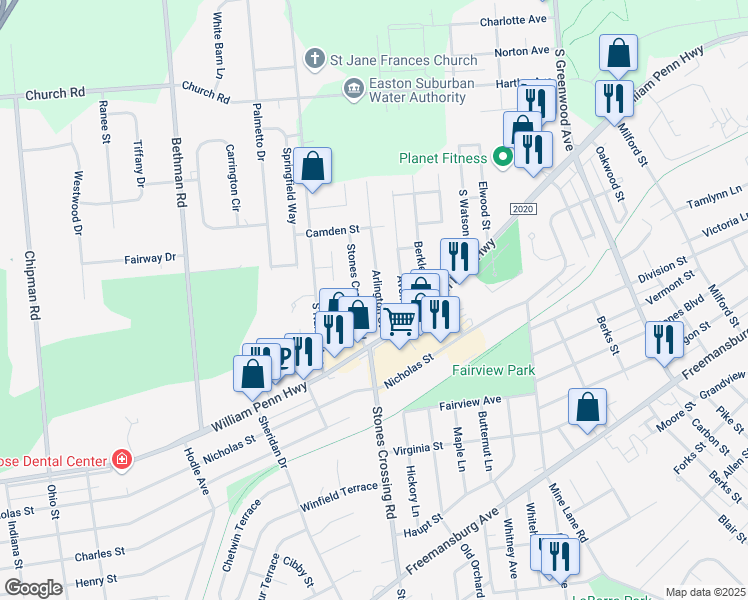 map of restaurants, bars, coffee shops, grocery stores, and more near 415 Stones Crossing Road in Easton