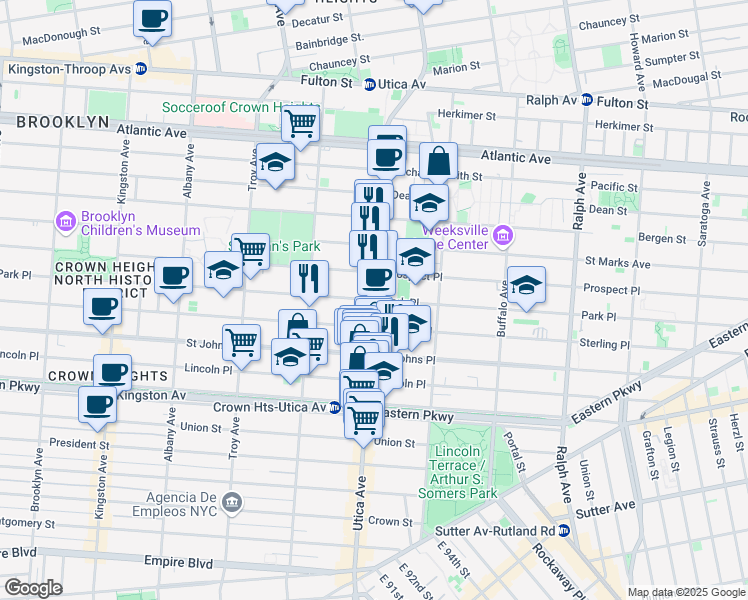 map of restaurants, bars, coffee shops, grocery stores, and more near Utica Ave & Park Pl in Brooklyn