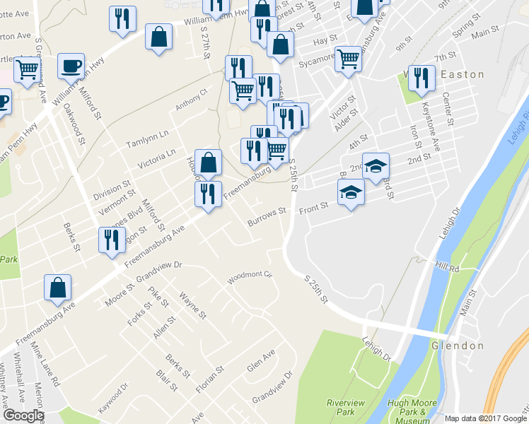 map of restaurants, bars, coffee shops, grocery stores, and more near 2525 Burrows Street in Easton