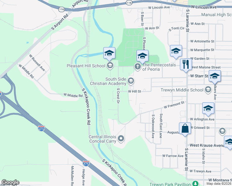 map of restaurants, bars, coffee shops, grocery stores, and more near 1405 South Crest Drive in Peoria
