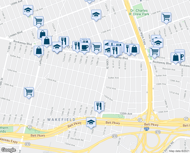 map of restaurants, bars, coffee shops, grocery stores, and more near 128-2 Sutter Avenue in Queens