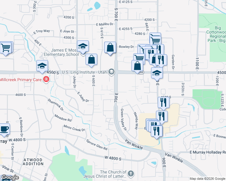 map of restaurants, bars, coffee shops, grocery stores, and more near 4560 South 700 East in Salt Lake City