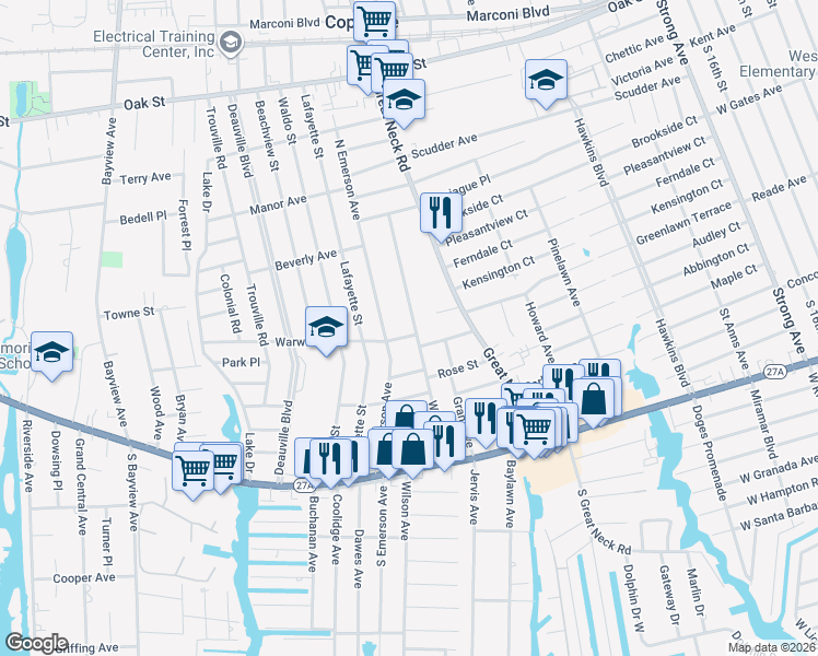 map of restaurants, bars, coffee shops, grocery stores, and more near 37 William Street in Copiague